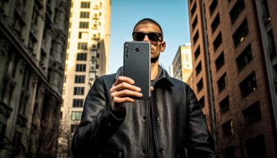 homme smartphone rue lunettes